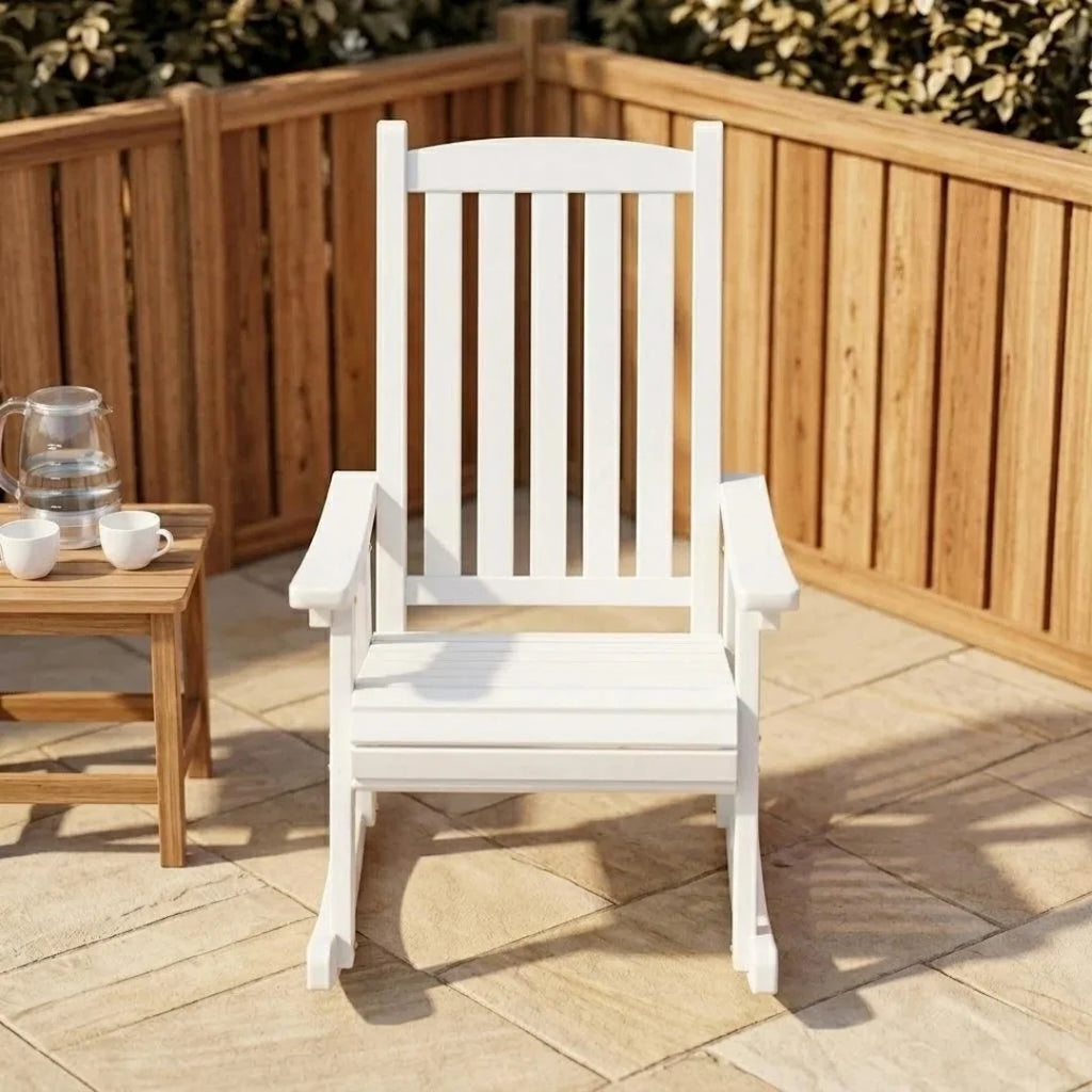 Solid Wood Rocking Chair Outdoor Patio Recliner Weather Resistant Lounge Seating Garden Porch Balcony White 65 × 55 × 100cm