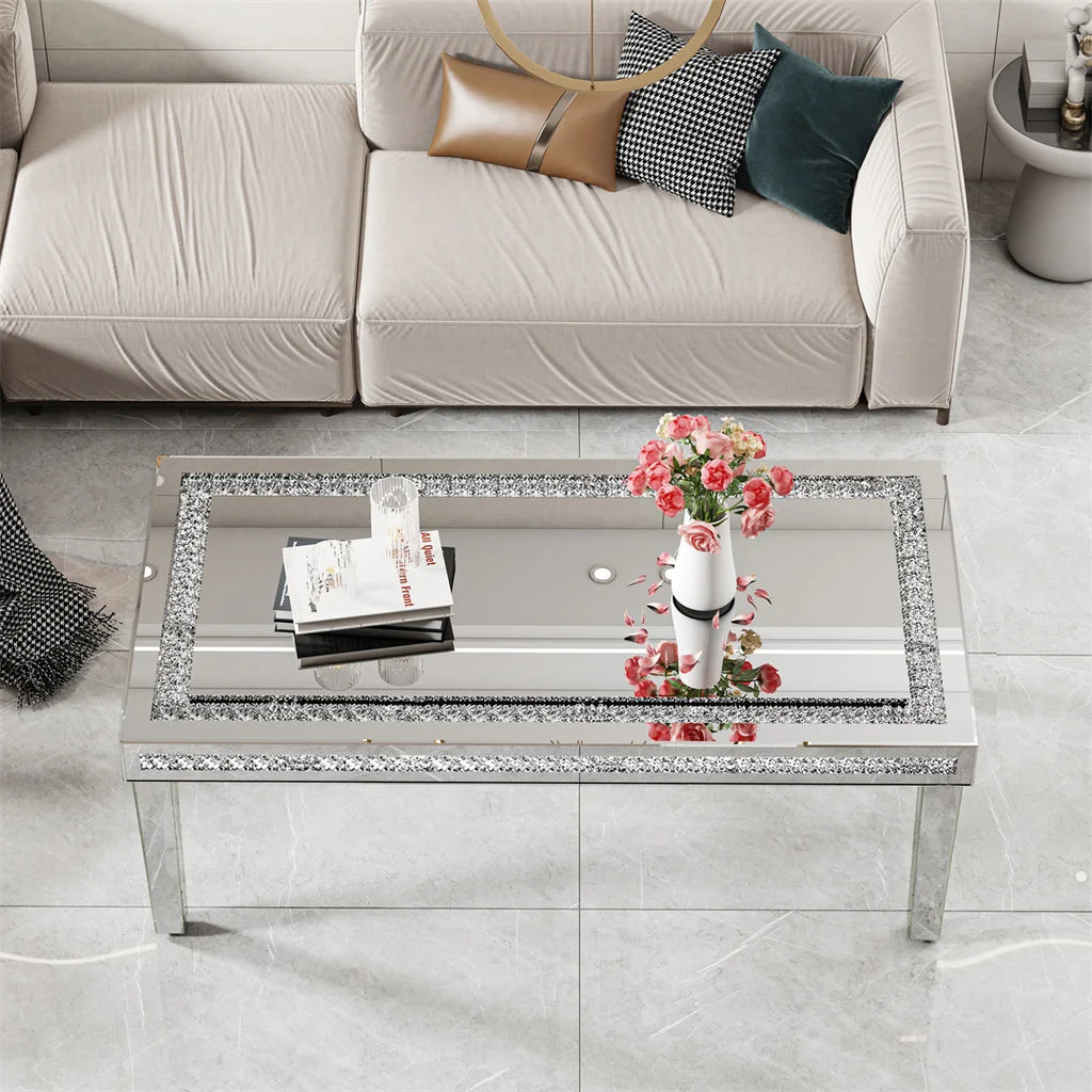 Coffee Table Mirrored Rectangular Crystal Inlay Living Room Table Silver 120x60x45cm