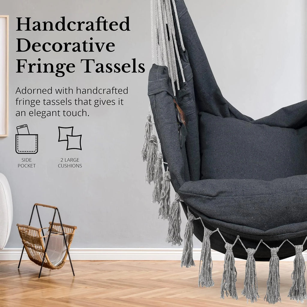 Macrame Hanging Chair Black Cotton Rope Swing with 2 Pillows 226.8 kg Capacity Indoor/Outdoor