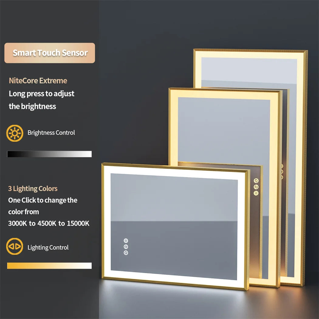 Illuminated LED Bathroom Mirror 80x60cm Gold Frame Anti Fog 3 Color Dimming Wall Mounted Vanity Mirror