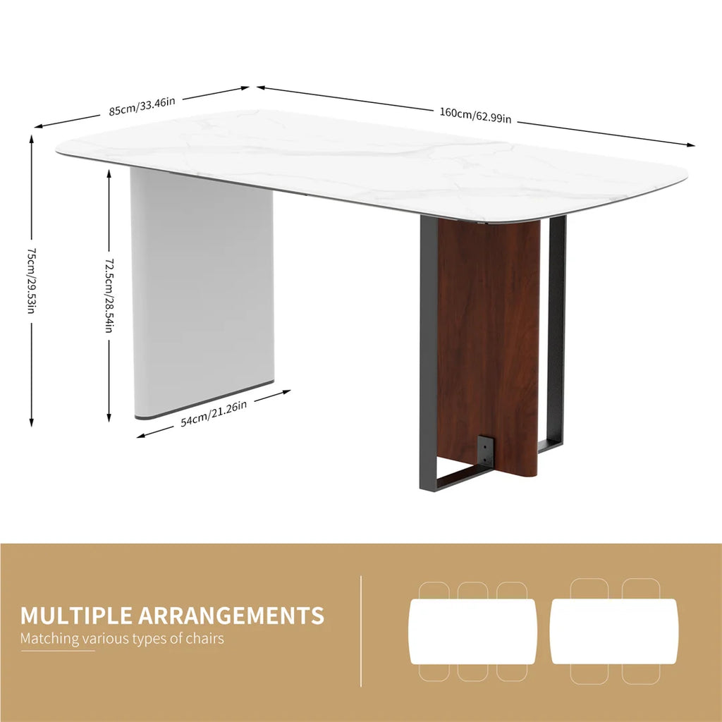 Rectangle Dining Table 160cm 4-6 Seater White Marble Glass Top Walnut Frame Kitchen Dining Table
