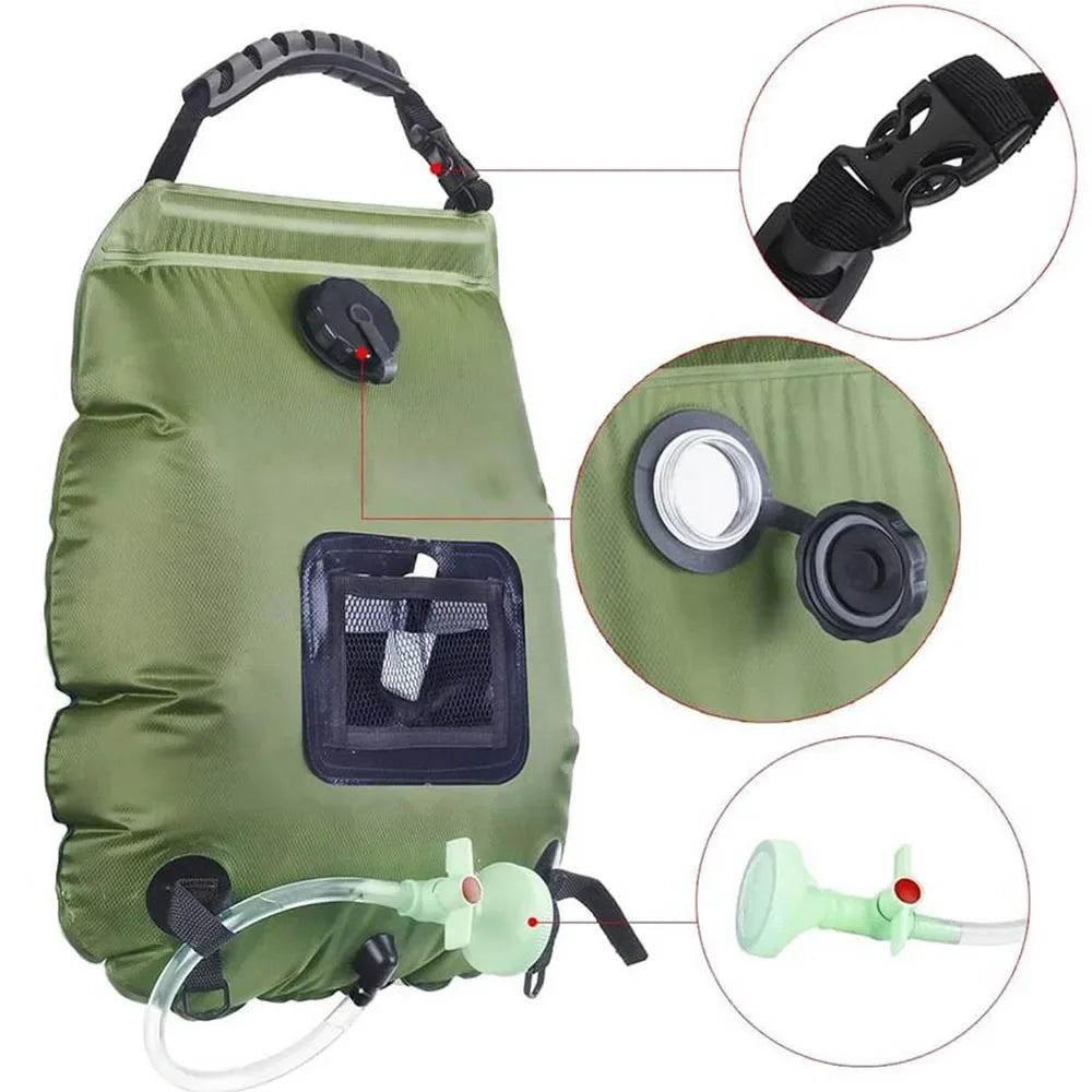 20L Solar Shower Bag Portable Camping Shower with Detachable Hose Shower Head Outdoor Hot Water Equipment Green 50 × 47cm