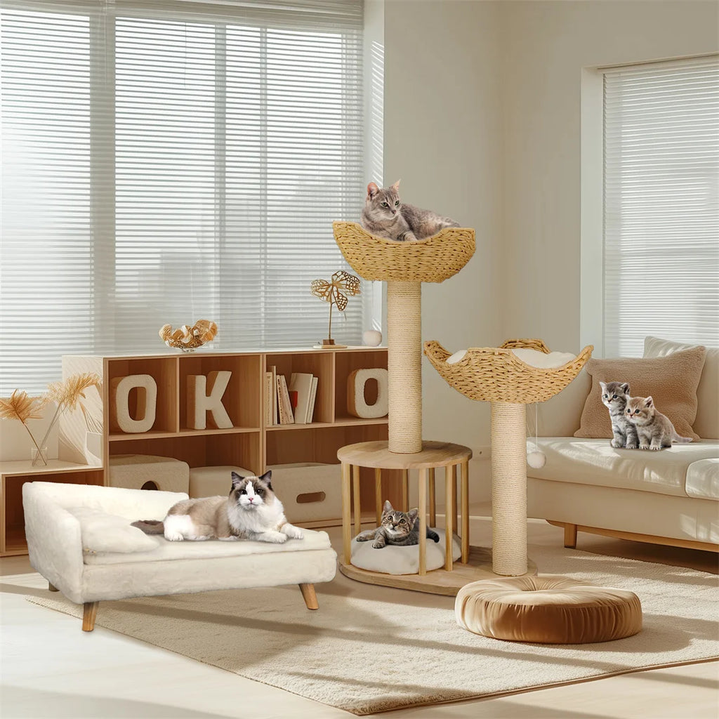 3 Tier Cat Climbing Tree 60x40x99cm Indoor Activity Tower with Scratching Post Wood White Cat Furniture