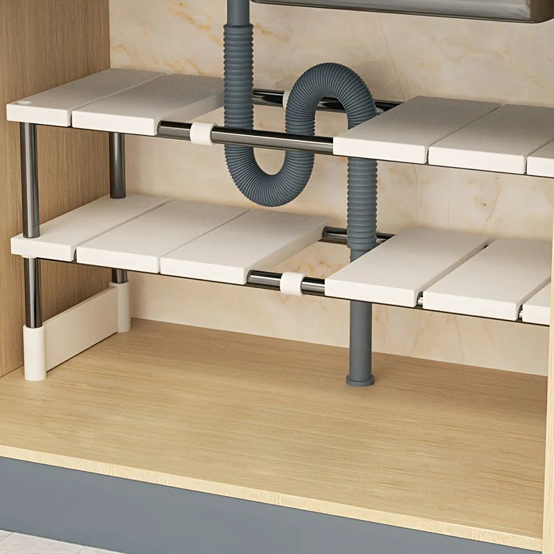 Adjustable Under Sink Storage Rack Expandable Kitchen Bathroom Cabinet Organizer Space Saving Double Layer Shelf 75 × 25 × 50cm
