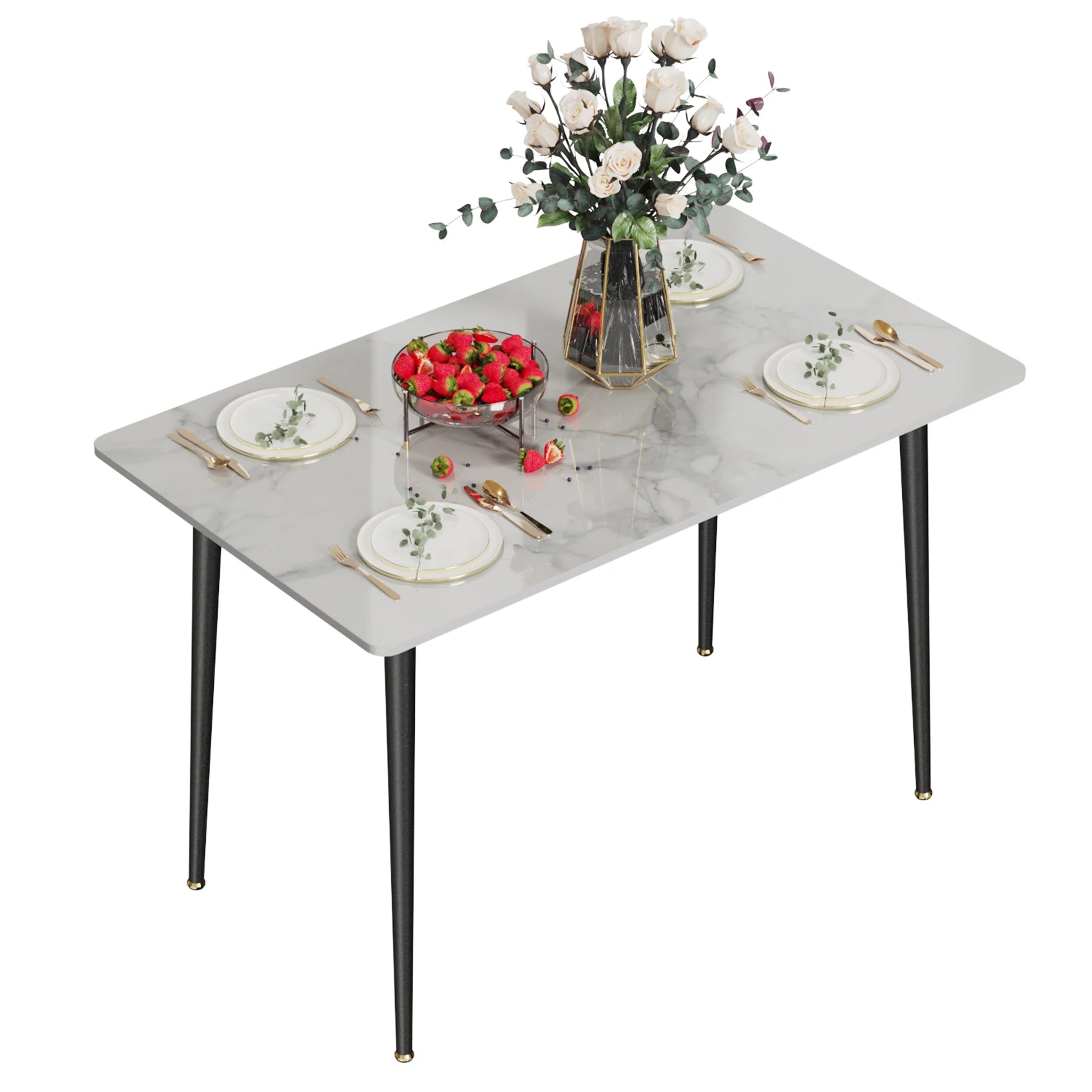 High Gloss Marble Dining Table 4-6 Seat Rectangular Kitchen and Restaurant Table Glossy White 120 × 70 × 76cm