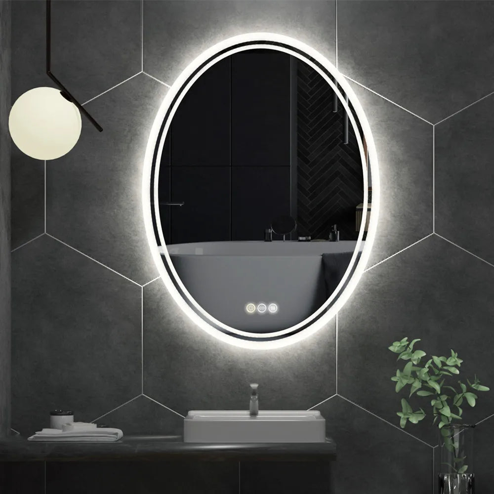 LED Bathroom Mirror Round Touch Screen Waterproof Anti Fog Vanity Mirror Wall Mounted for Wash Basin Shower Use 50x70cm
