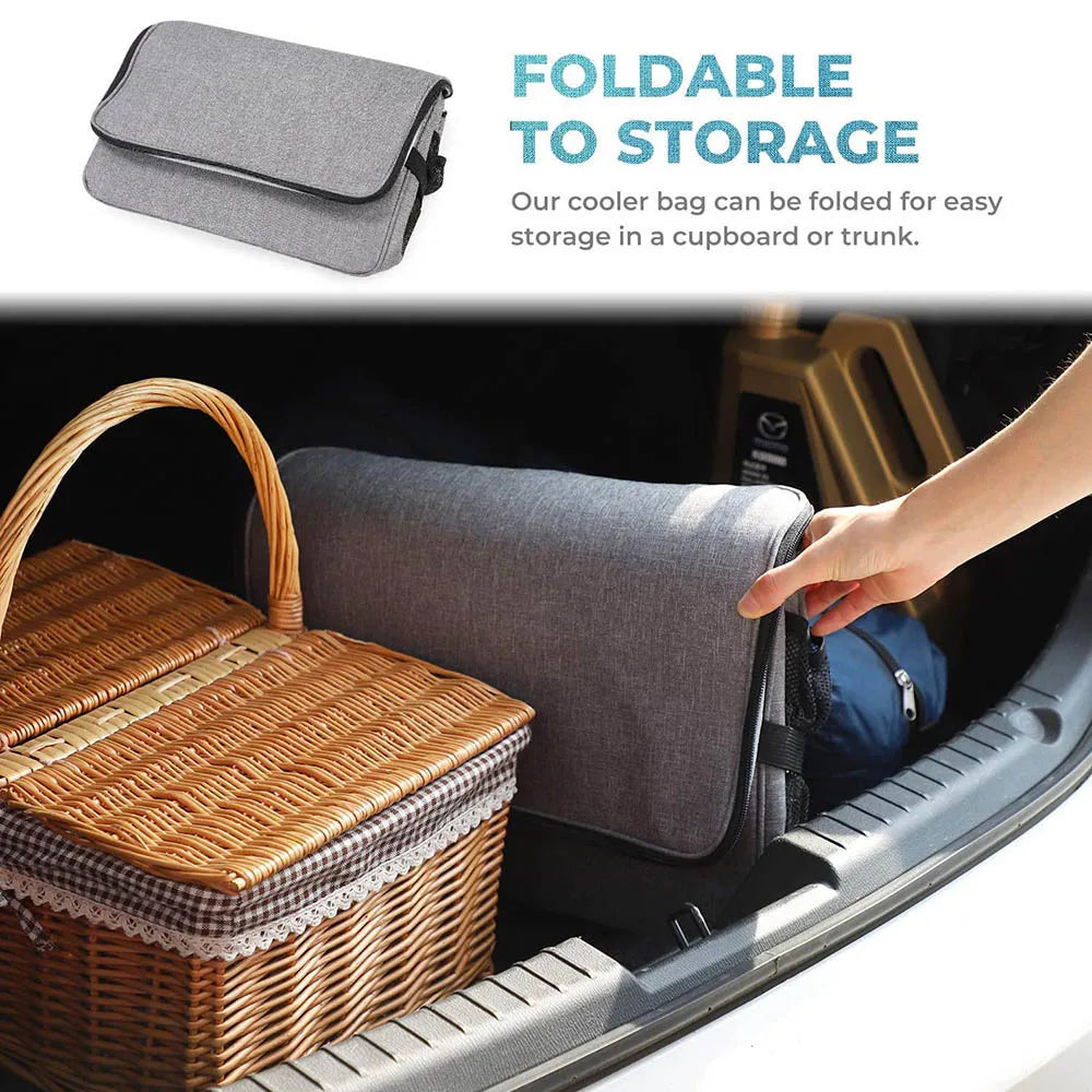35L Large Capacity Collapsible Cooler Bag Insulated Lunch Box Picnic Cooling Bag Outdoor Travel Camping BBQ Party Grey 42×28×31cm