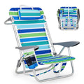 Beach Chair With Pillow Portable Folding Backpack Chair for Adults 5 Reclining Positions, Cup Holder 136kg Capacity Blue and Green Stripe 50x62x90cm