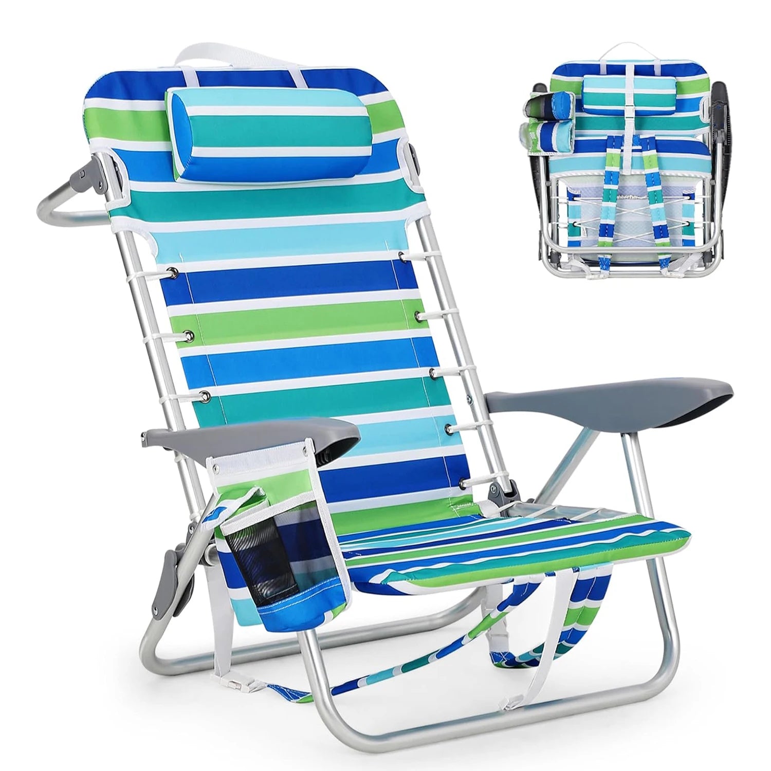 Beach Chair With Pillow Portable Folding Backpack Chair for Adults 5 Reclining Positions, Cup Holder 136kg Capacity Blue and Green Stripe 50x62x90cm