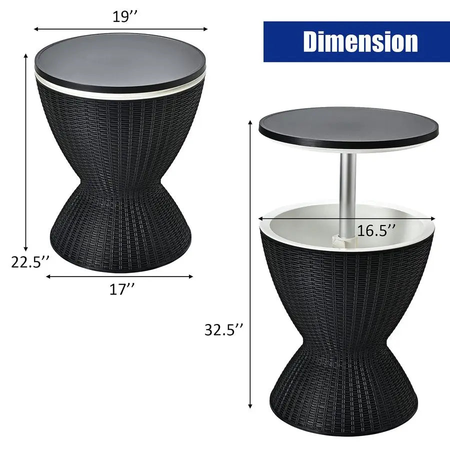 Bar Table Cooler 30L Ice Cooler Table Rattan Style Patio Bar Height Adjustable With Drainage Black 48x48x57/83cm Adjustable