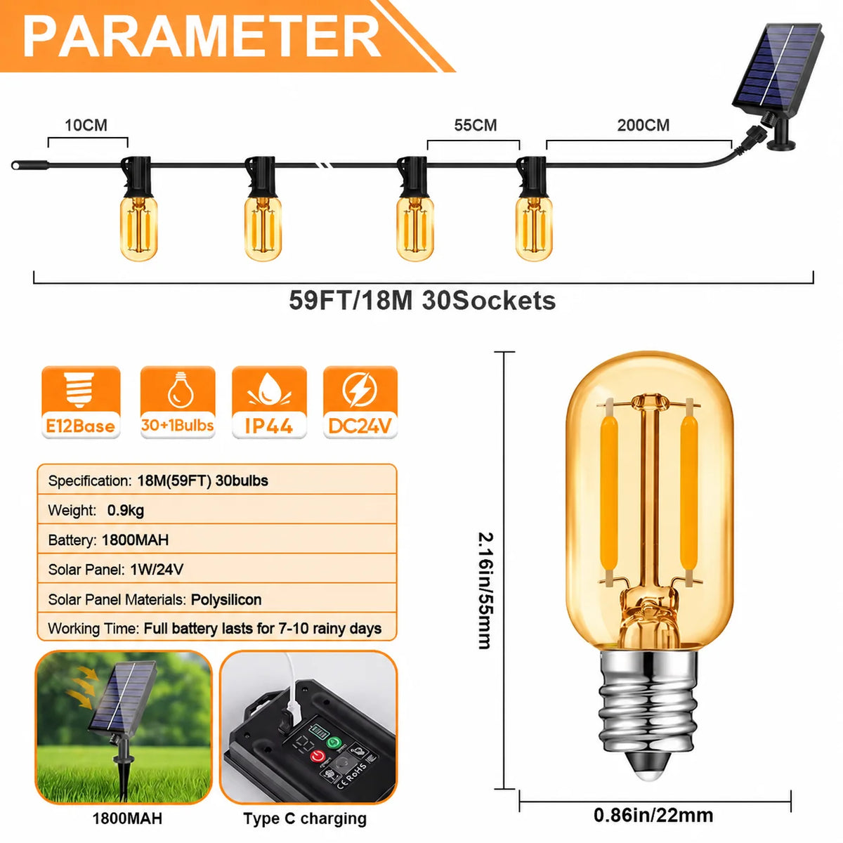 Outdoor Solar String Lights E12 Glass T22 Amber LED Retro Bulbs Waterproof Patio Garden Backyard Bistro 18m 30 Bulbs