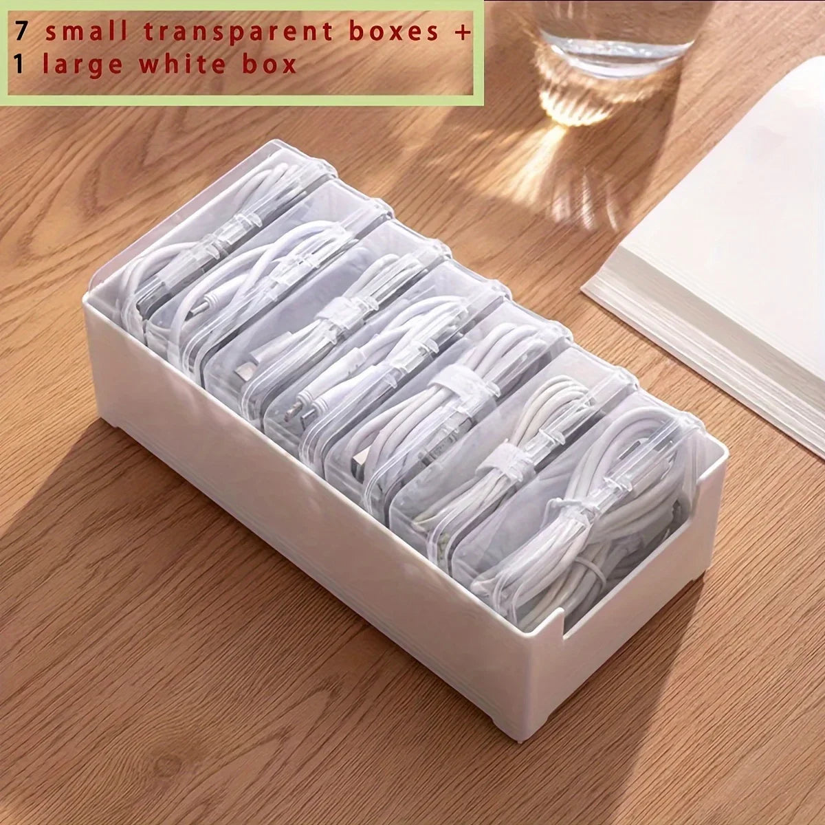 Data Cable Storage Box with 7 Compartments Desktop Cable Organizer Wire Management Box for Office Desk Accessories 20×10×7.5cm