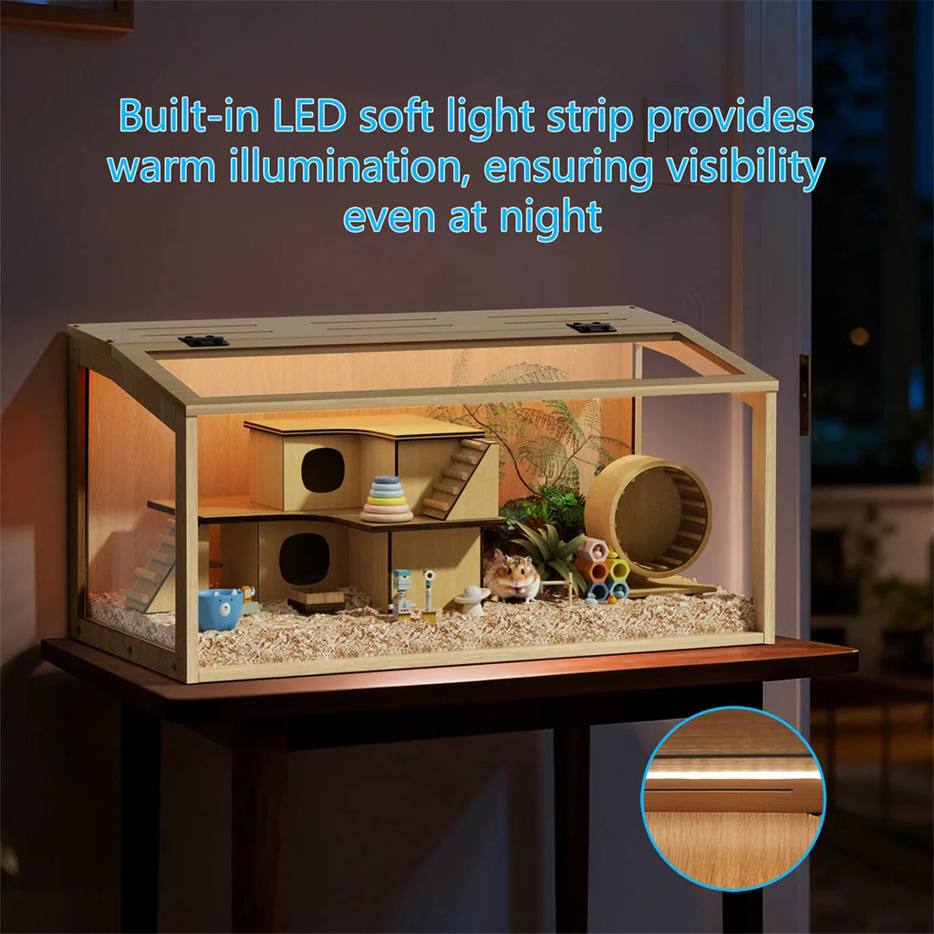 Wooden Hamster Cage Large Natural Habitat with Tempered Glass Panels Ventilation Holes and Built-in LED Light for Small Pets 80x40x40cm