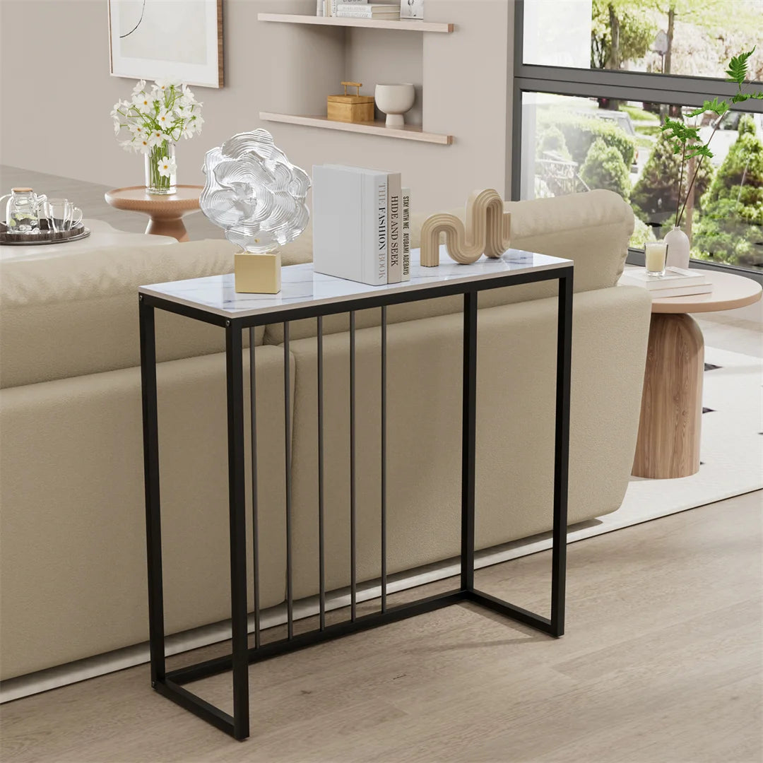 Black Metal Console Table with Storage Shelf Narrow Entryway Sofa Table for Hallway Living Room Use White 80x30x78.5cm