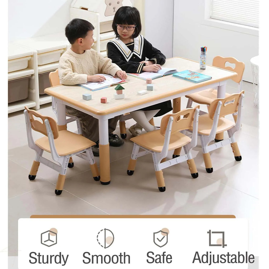 Activity Table and 6 Chairs Set Height Adjustable Study Desk with Graffiti Desktop Non Slip Legs Beige 120x60x48-60cm