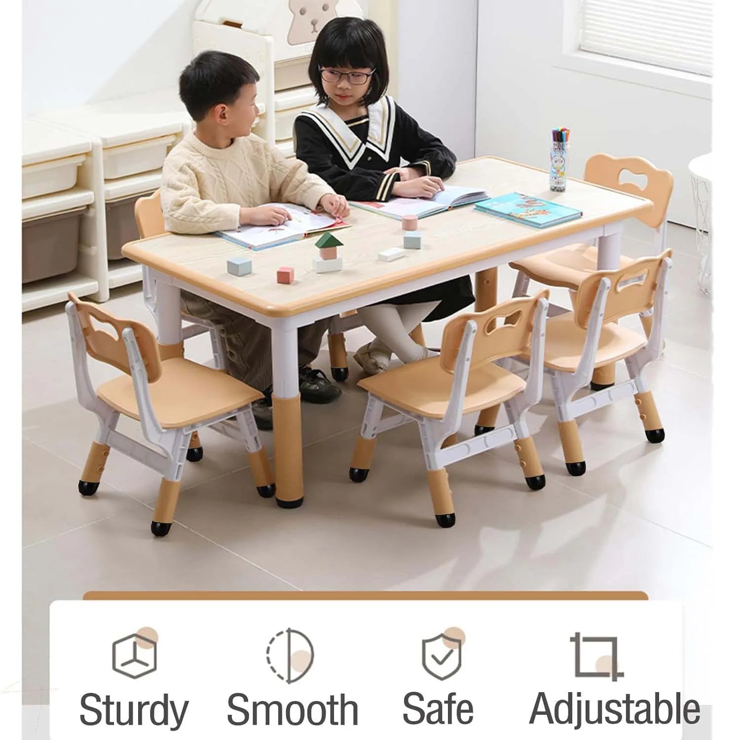 Activity Table and 6 Chairs Set Height Adjustable Study Desk with Graffiti Desktop Non Slip Legs Beige 120x60x48-60cm