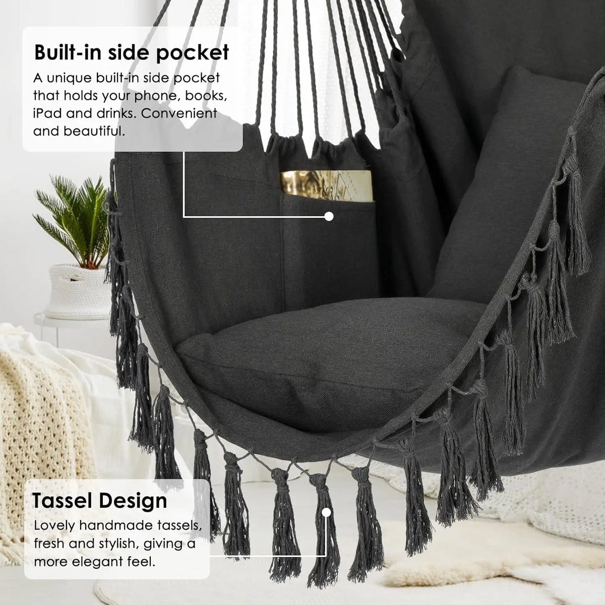 Macrame Hanging Chair with 2 Pillows Black Cotton Rope Swing 226.8 kg Capacity Indoor Outdoor
