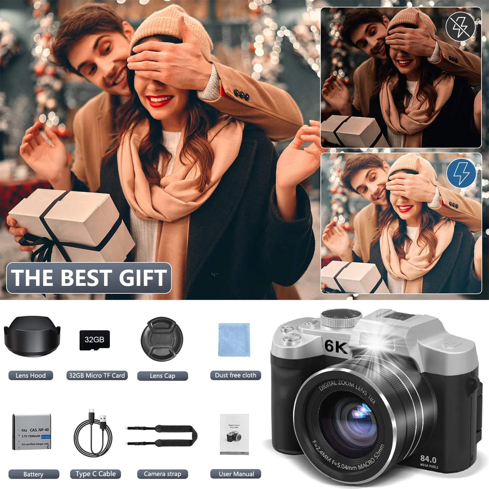 6K Digital Camera 84MP Vlogging Camera with Autofocus Anti Shake 3 Inch Flip Screen Flash and 32GB Memory Card