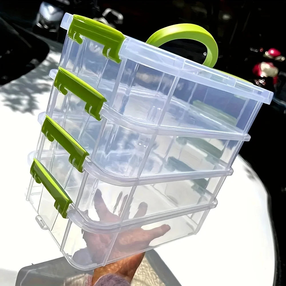 4 Layer Transparent Plastic Storage Box Partitioned Drawer Organizer Building Block Storage Container Portable Box Green 22×15×23cm