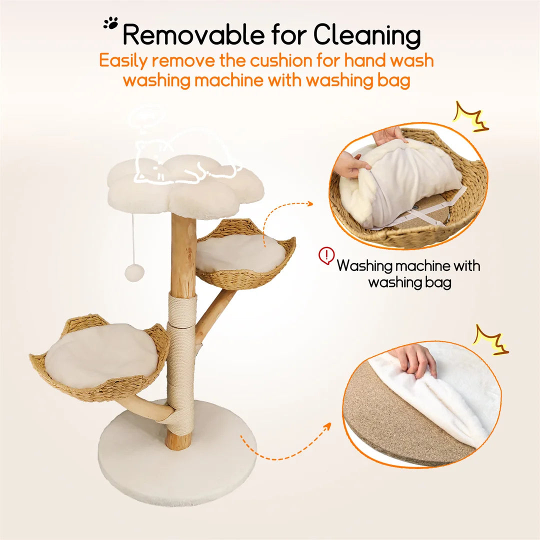 Cat Tree 110cm Solid Wood Climbing Tower with Scratching Post Activity Centre Natural Wood White 60x111cm