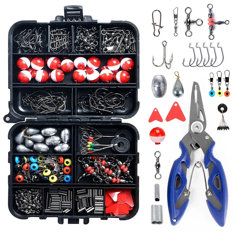 263PCS Fishing Accessories Kit with Tackle Box Pliers Jig Hooks Sinkers Swivels Snaps Sinker Slides Set Red 12 × 9.5 × 3cm
