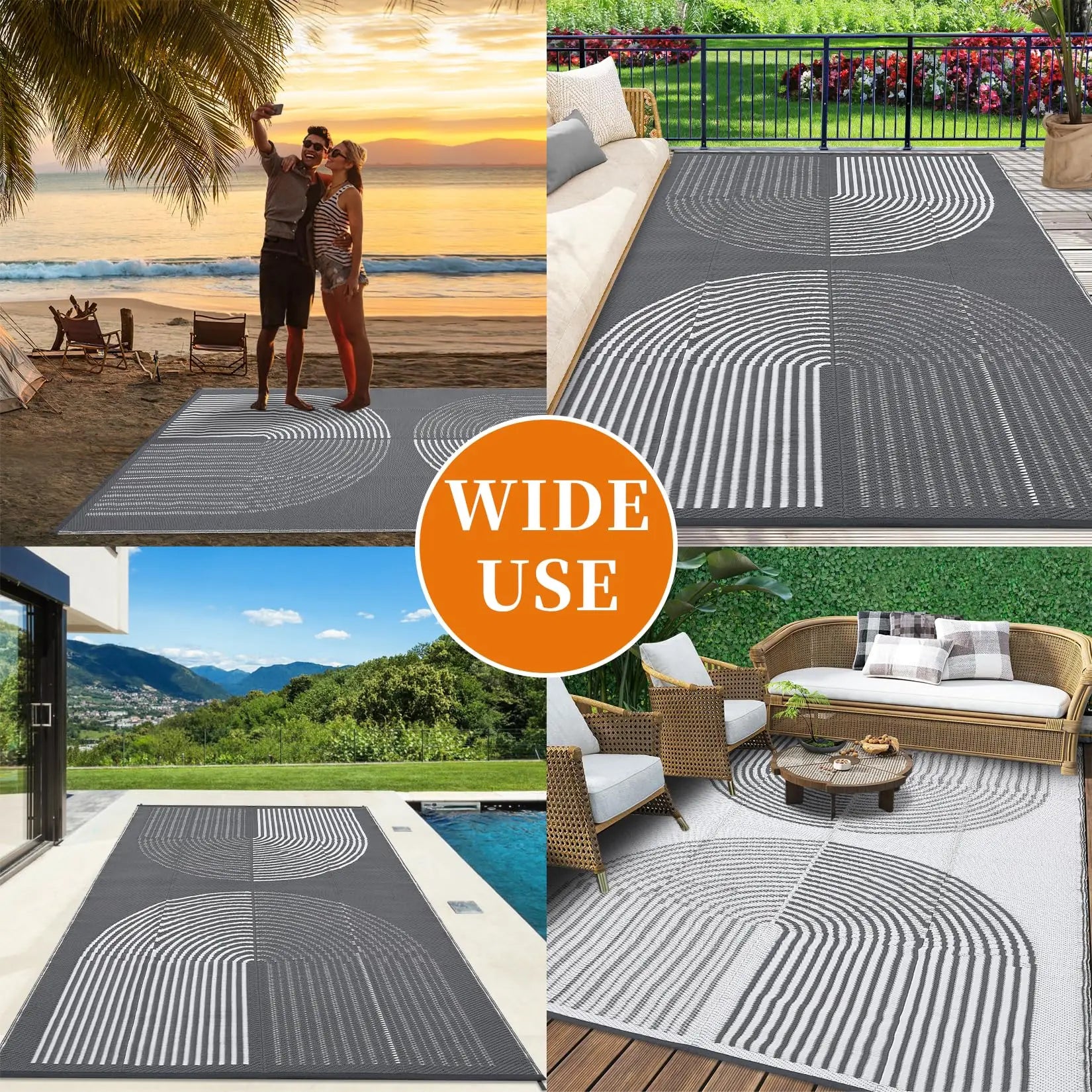Outdoor Rug 152x244cm Waterproof Reversible Patio Rug Portable Plastic Straw Mat for Camping RV Balcony Picnic Deck Grey white