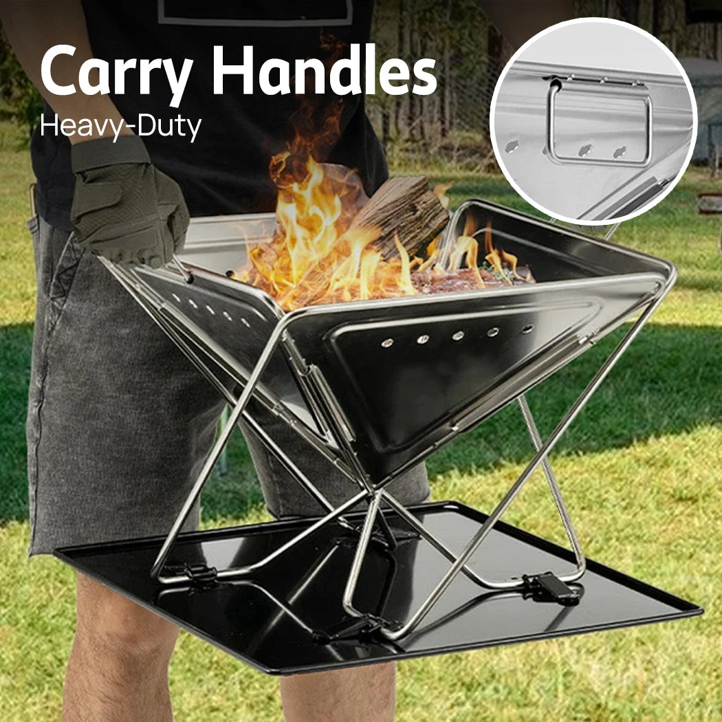 Fire Pit BBQ Grill Portable 2-in-1 Stainless Steel Charcoal Smoker Stove for Camping Outdoor Cooking 42x35x34cm