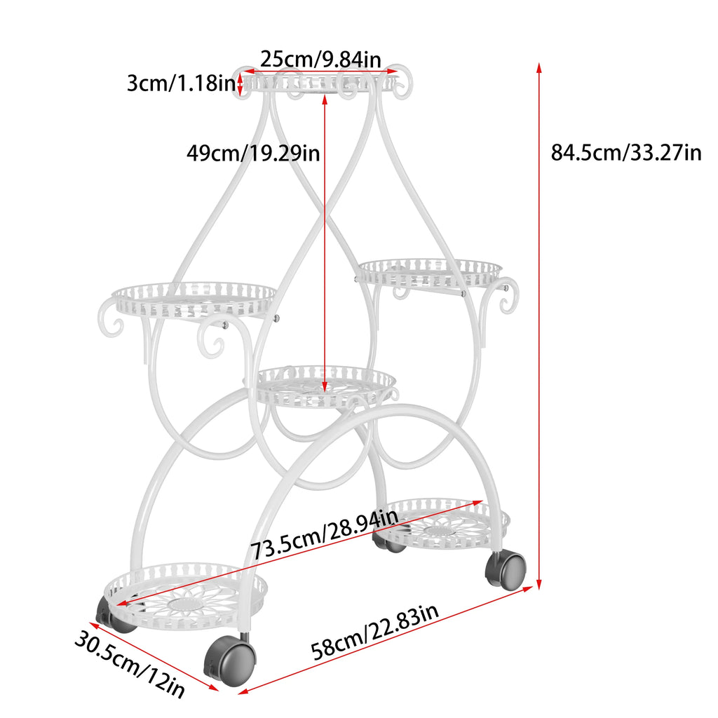 Plant Stand 6 Tier Metal Flower Pot Display Rack with Rolling Wheels Indoor Outdoor Plant Shelf White 73.5x30.5x84.5cm