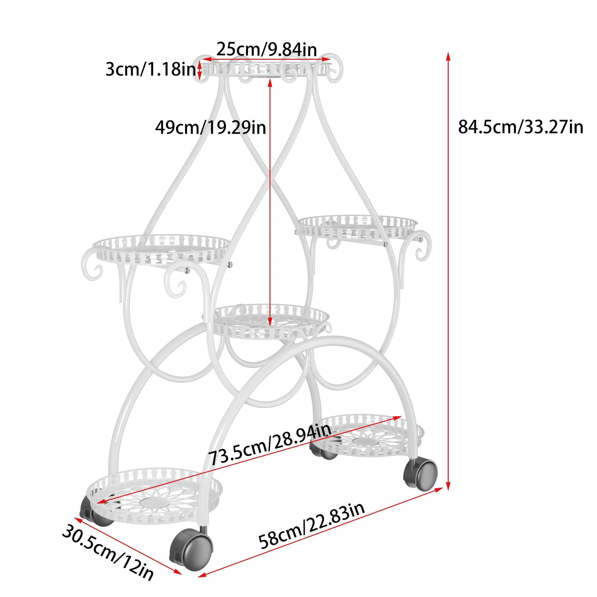 Plant Stand 6 Tier Metal Flower Pot Display Rack with Rolling Wheels Indoor Outdoor Plant Shelf White 73.5x30.5x84.5cm