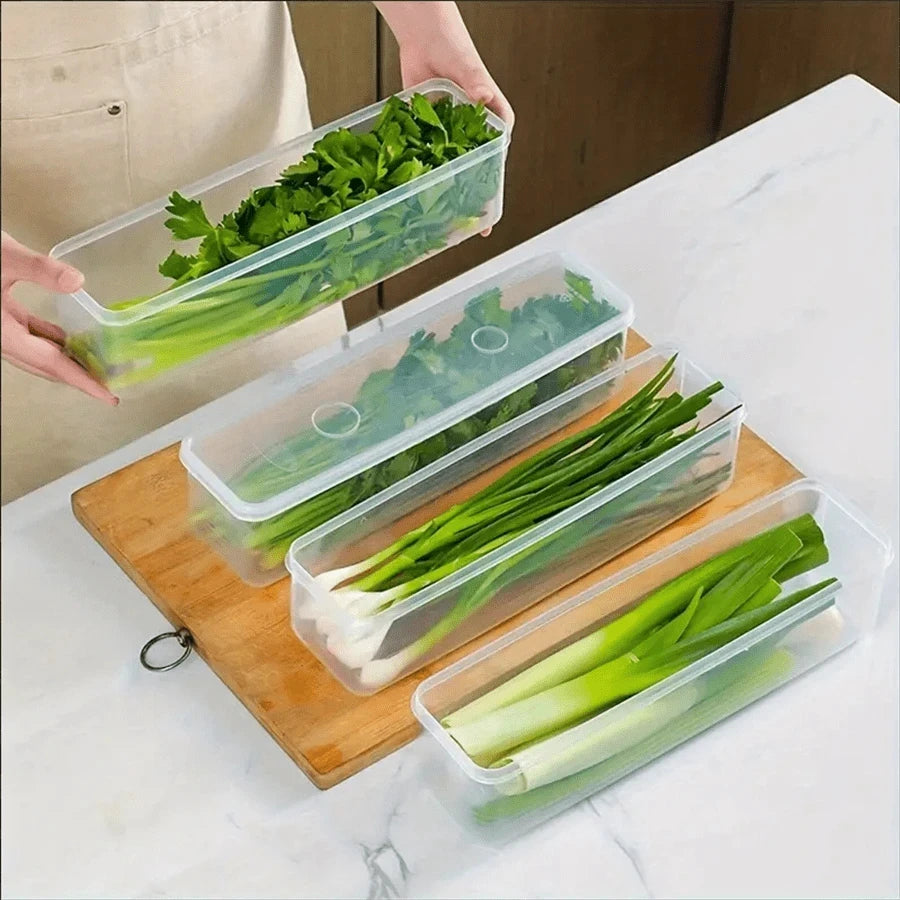 4PCS Refrigerator Storage Boxes with Lids Plastic Fresh Keeping Containers Food Organizer for Scallions Eggs Noodles 25.5 × 7.5 × 5.2cm