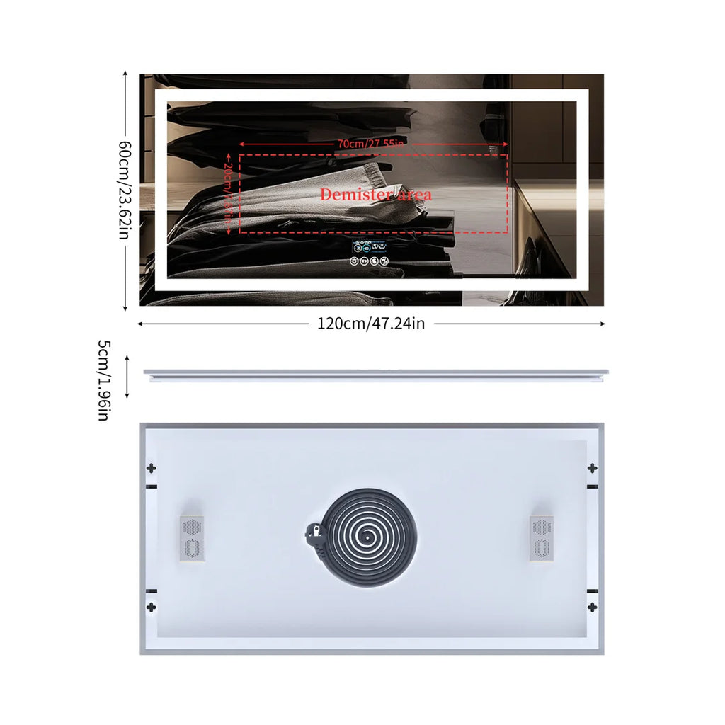 Bathroom Mirror Rectangle LED Bluetooth Speaker Anti-Fog Vanity Mirror 120x60cm