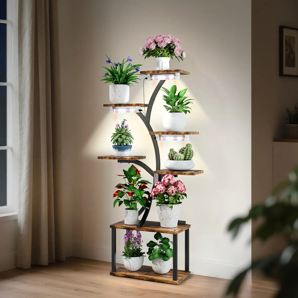 Plant Stand with LED Grow Lights 5 Tier Flower Display Rack Tall Indoor Plant Shelf Brown 80x26x150cm