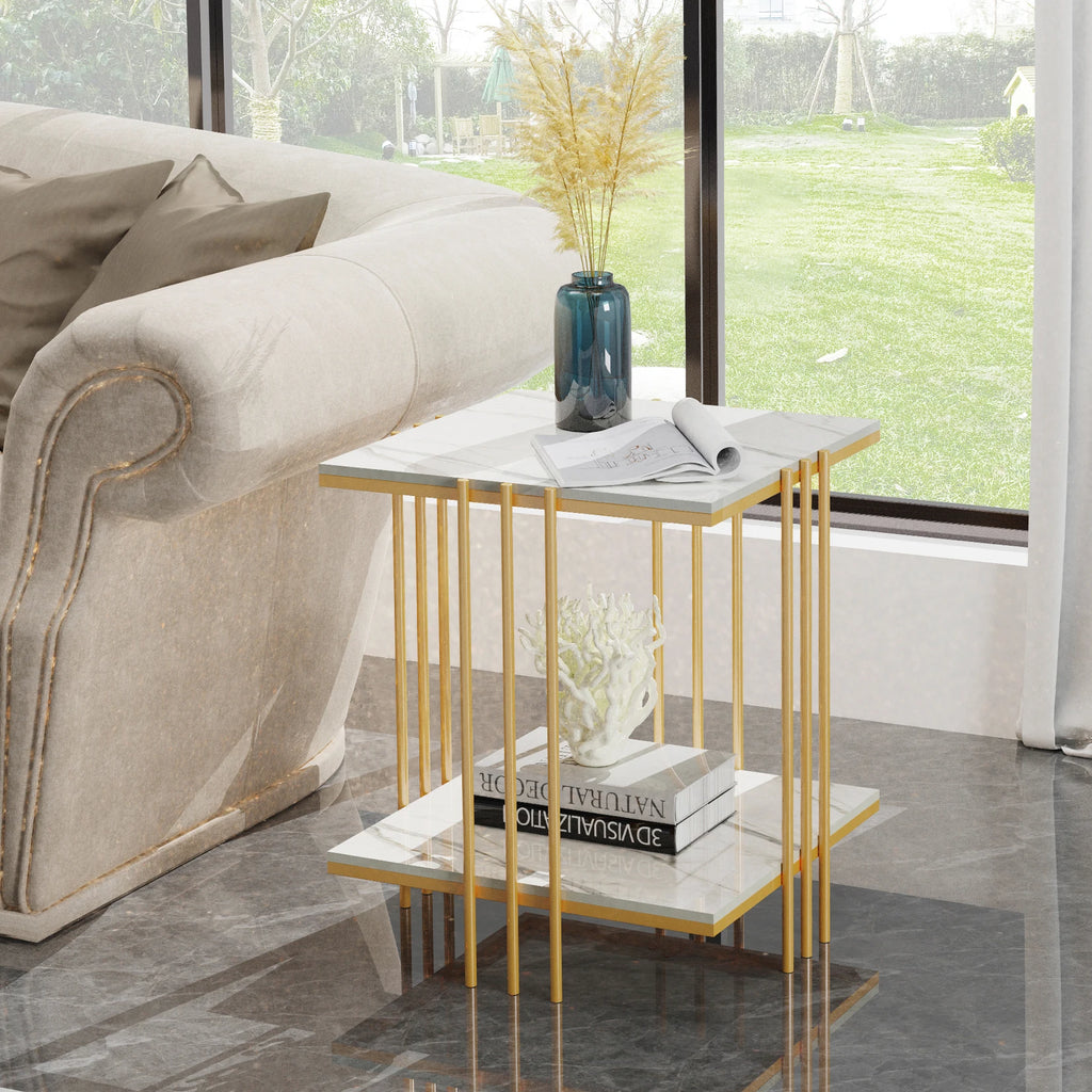 2 Tier Square Side Table 44.5x44.5x55.5cm Marble Top Gold Metal Frame Living Room Coffee Table