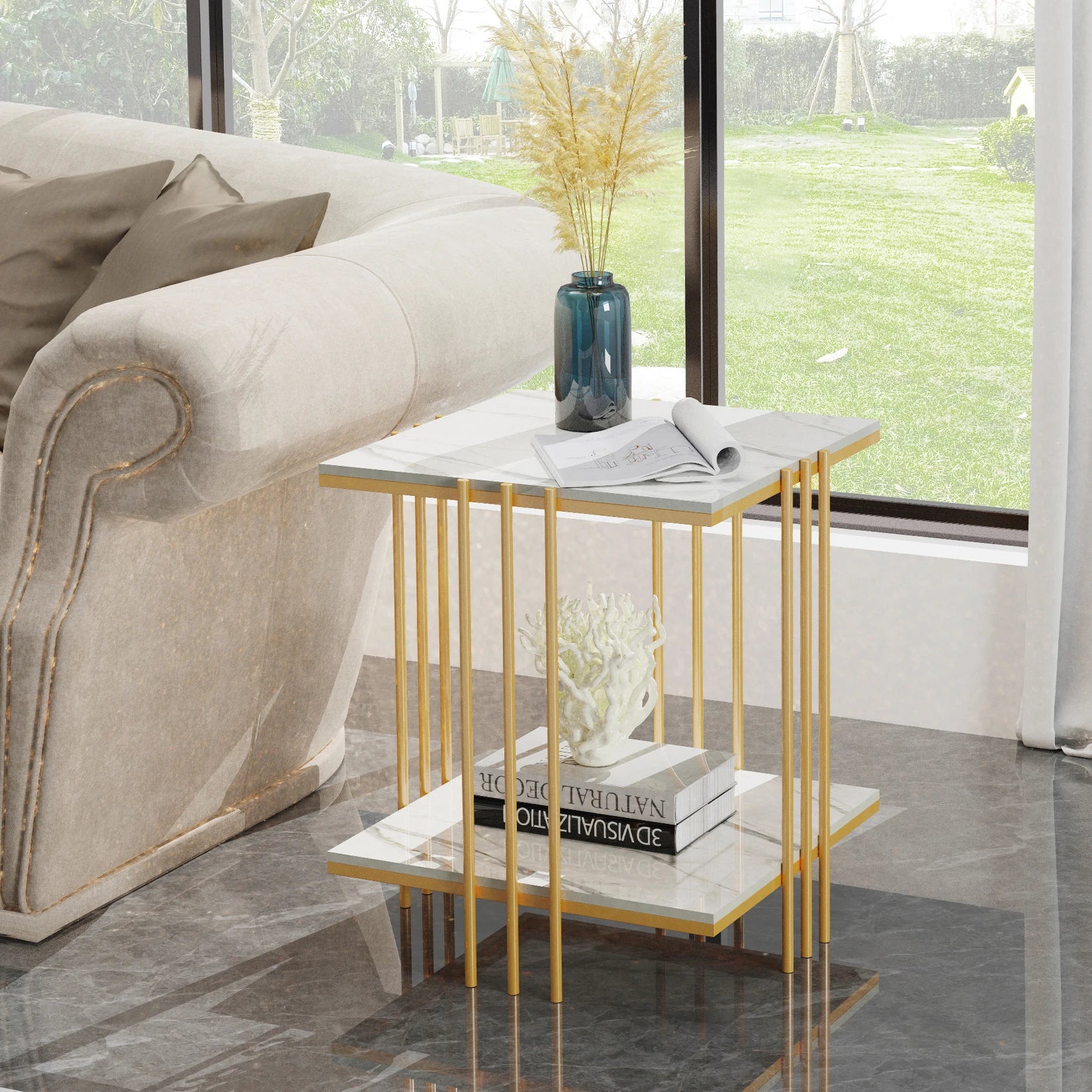 2 Tier Square Side Table 44.5x44.5x55.5cm Marble Top Gold Metal Frame Living Room Coffee Table