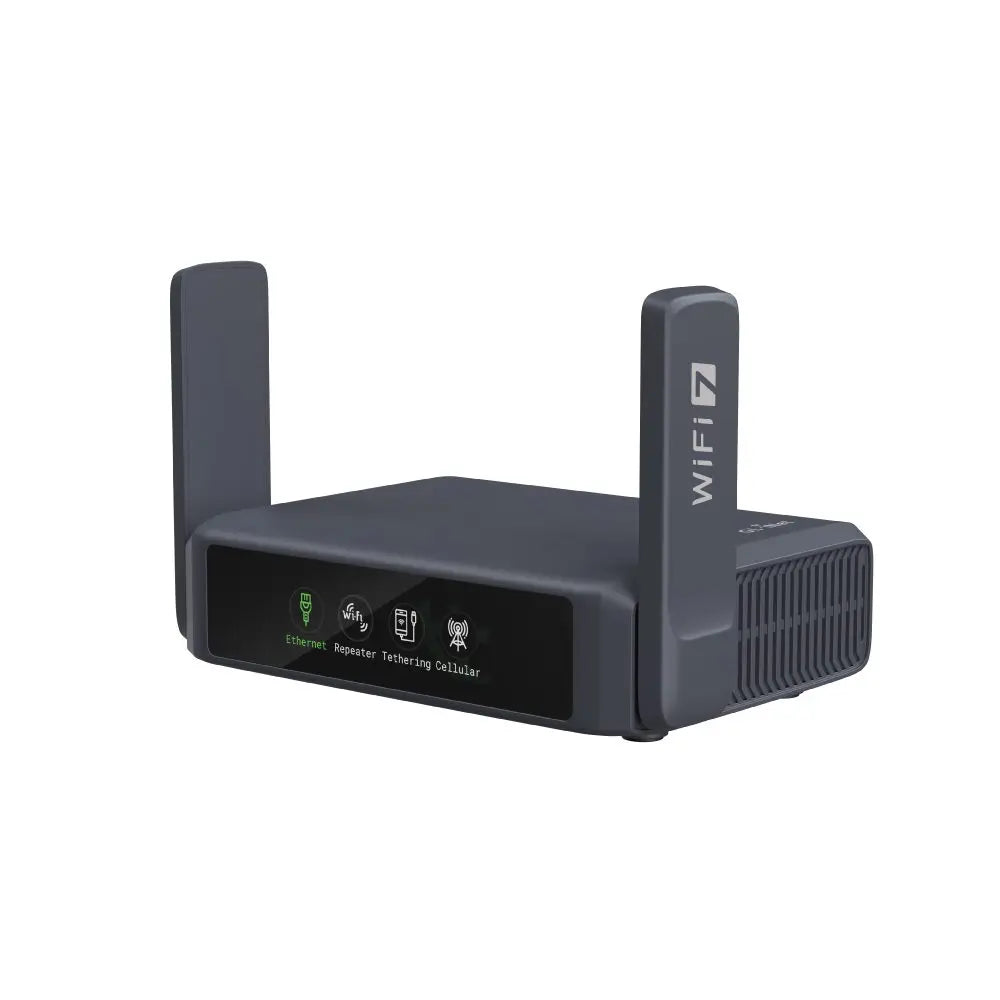 WiFi 7 Travel Router Dual Band Portable Router with Touchscreen Dual 2.5G Ports OpenWrt and VPN Support