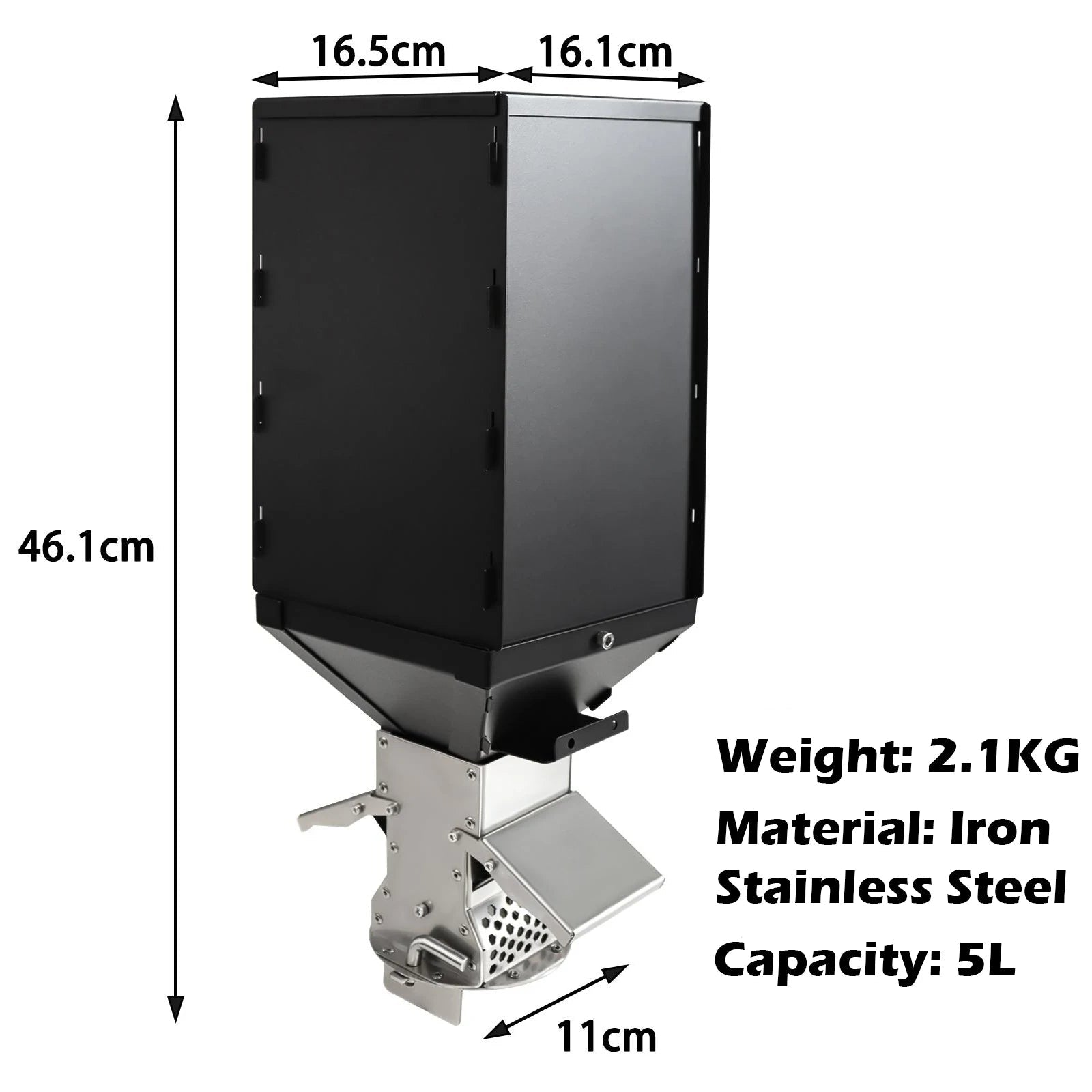 Pellet Hopper Gravity Feed Fuel Storage Bin Stainless Steel 5L for Pellet Stove Burner Black 16.1 x 16.5 x 46.1cm