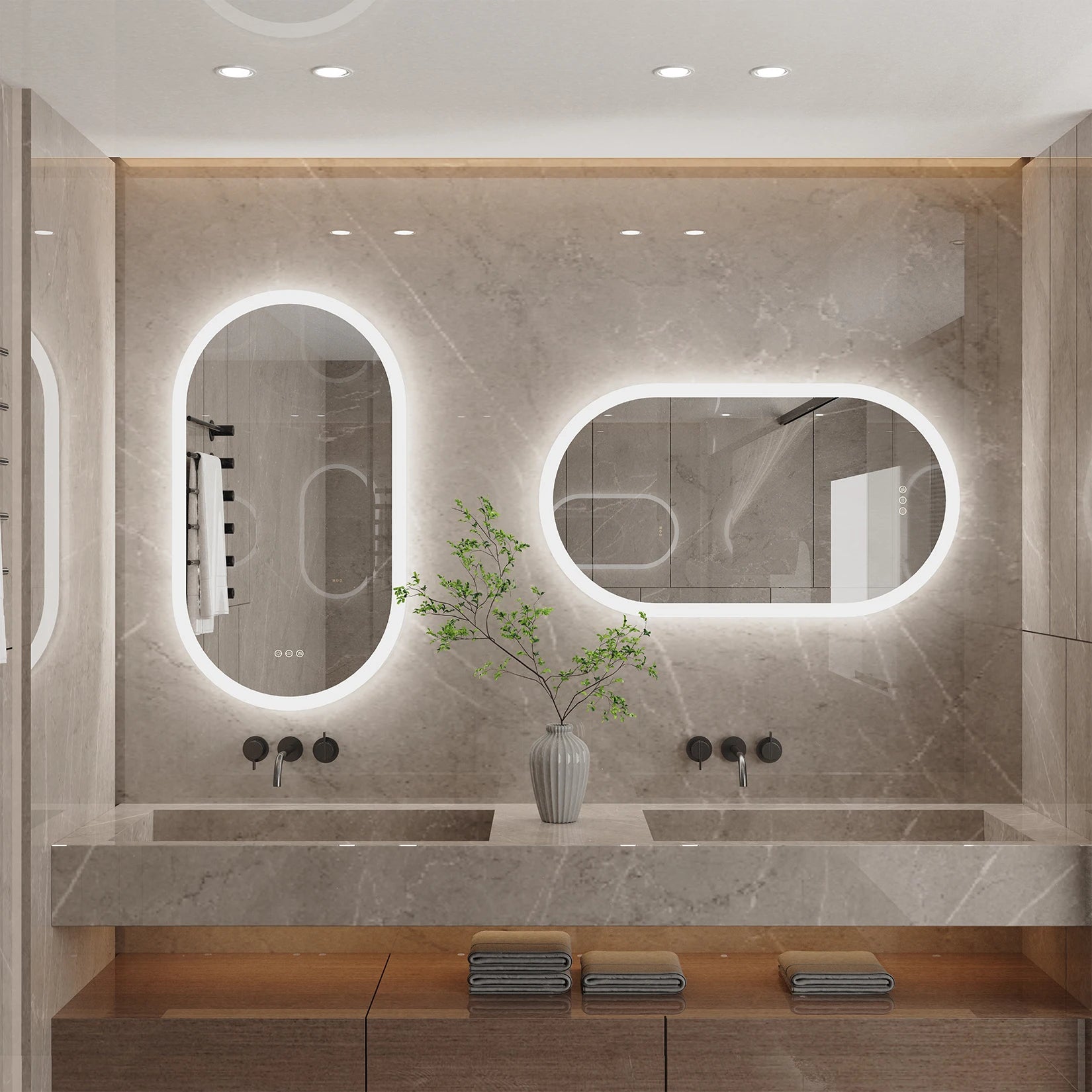 LED Bathroom Mirror Round Touch Screen Waterproof Anti Fog Vanity Mirror Wall Mounted for Wash Basin Shower Grooming 120x60cm