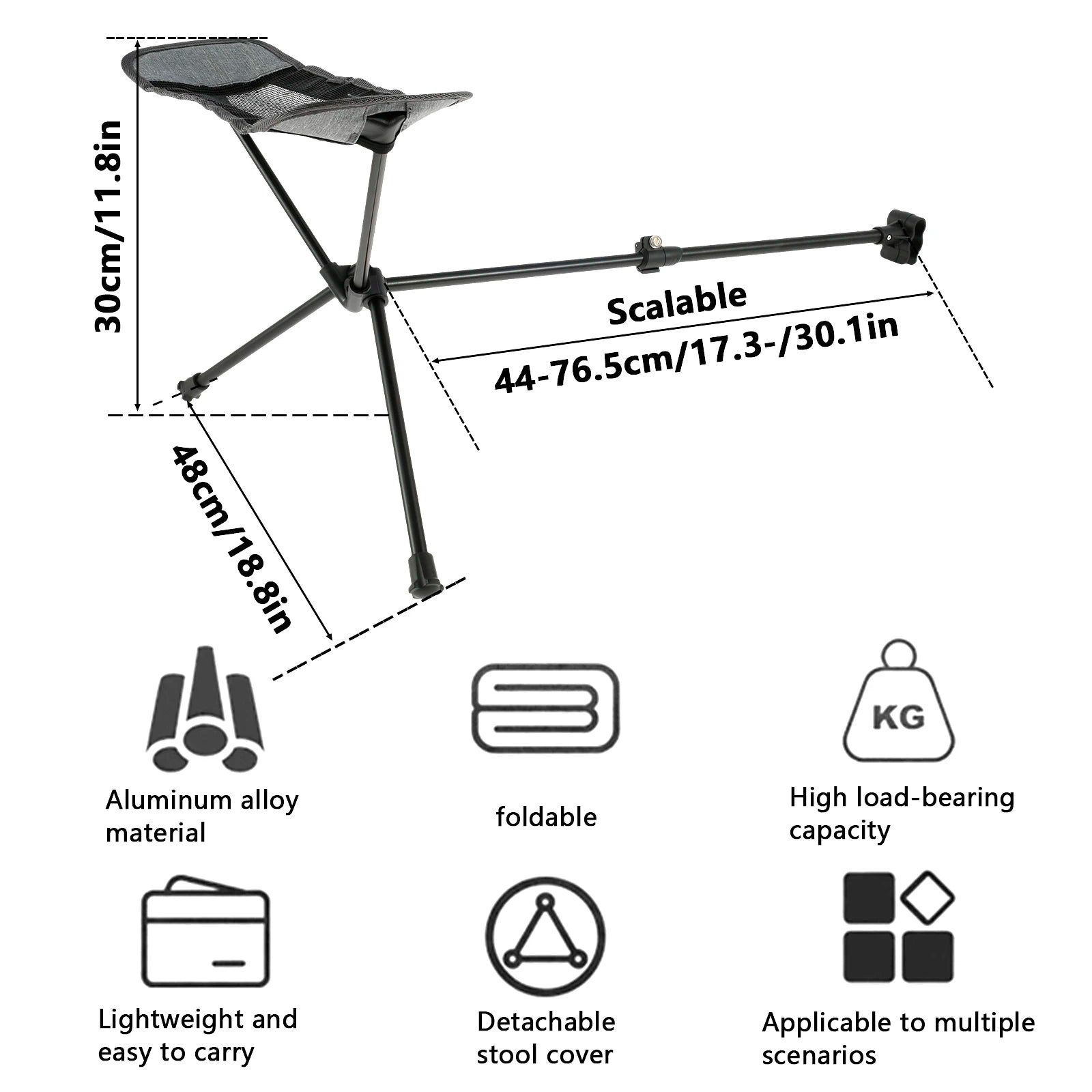 Camping Chair Footrest Portable Foldable Adjustable Foot Rest for Reclining Chair Moon Chair Outdoor Travel Use Grey 44-70cm