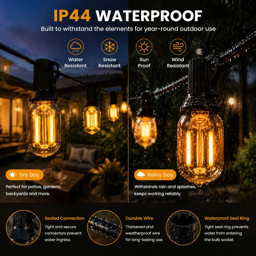Outdoor Solar String Lights E12 Glass T22 Amber LED Retro Bulbs Waterproof Patio Garden Backyard Bistro 15m 25 Bulbs