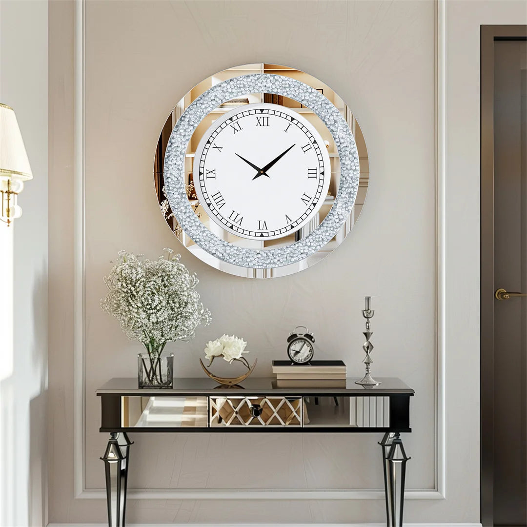 Mirror Wall Clock 60cm Crystal Crush Diamond Round Decorative Clock Silver Bling Wall Clock