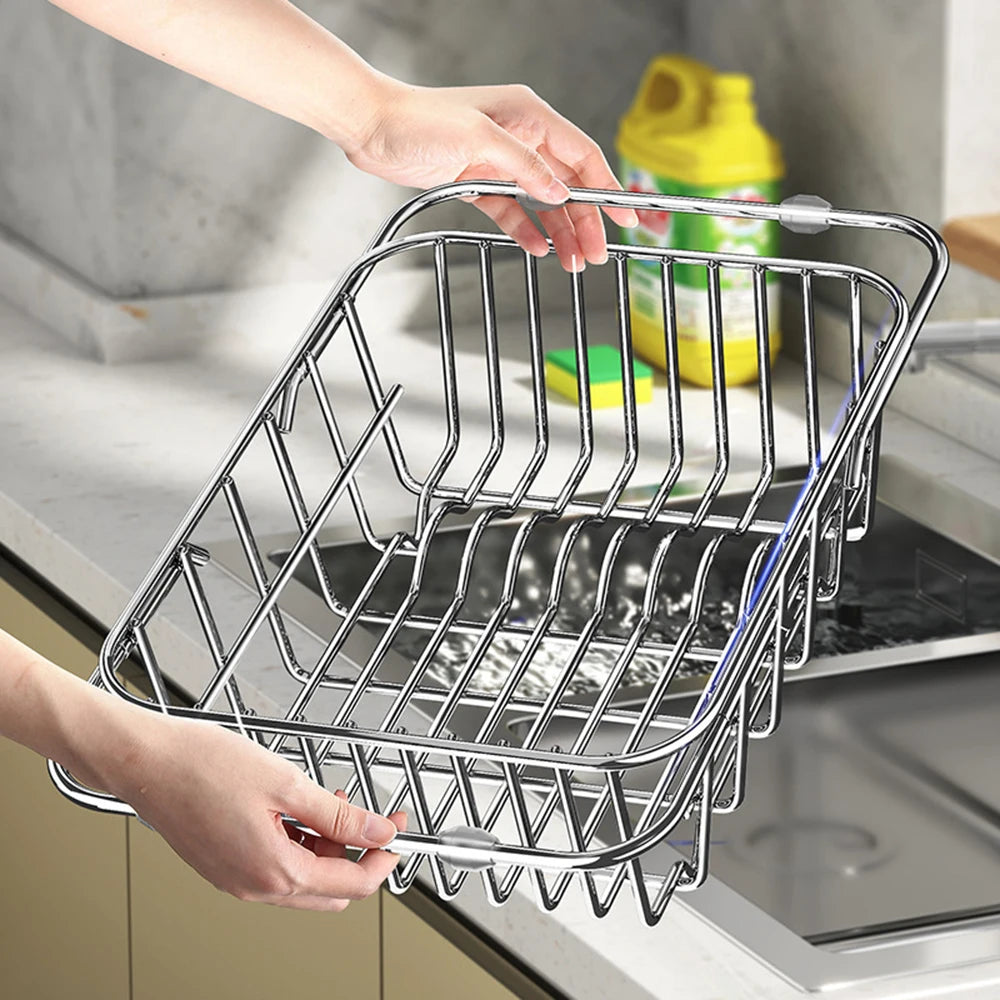 Stainless Steel Telescopic Sink Drain Rack Non Slip Dish Drying Kitchen Bathroom Countertop Organizer Adjustable 34-45×24.5×10.5cm