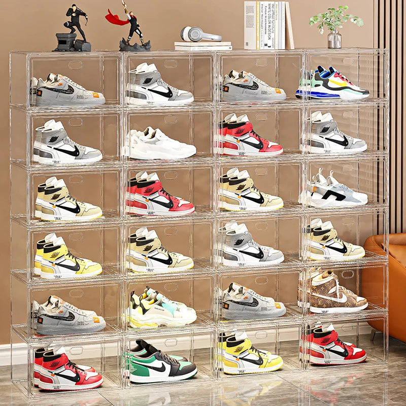 Large Sneaker Organizer Box Thickened Transparent Shoe Storage Box Magnetic Closure Stackable Multi Layer Organizer 36×27×21cm