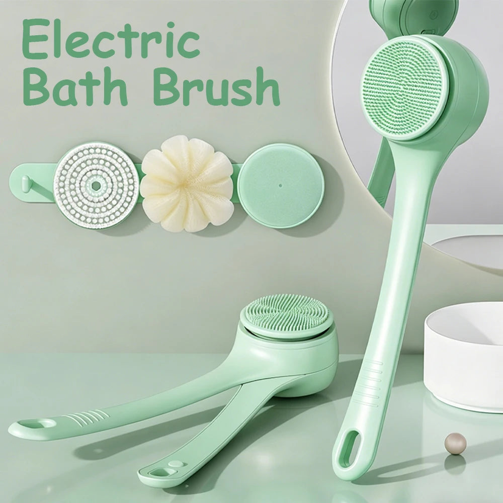 Electric Body Brush Shower Back Scrubber Type C Rechargeable Long Handle Bath Brush 4 Replaceable Heads Hook Green