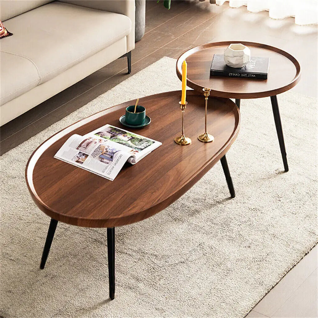 Coffee Table Set 2-in-1 Irregular Wooden Sofa Side Tables Oval(80x55x38cm) Round(40x47.5cm)