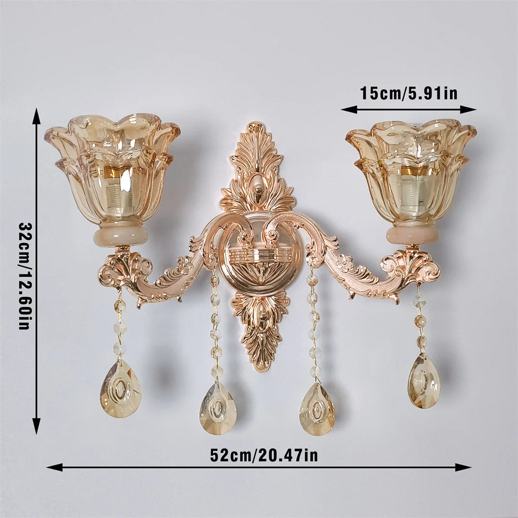 Antique Crystal Glass Wall Lamp Brass Gold Wall Sconce Light with Flower Lampshade for Entrance Bedroom Hallway Decorative Amber 52x32cm