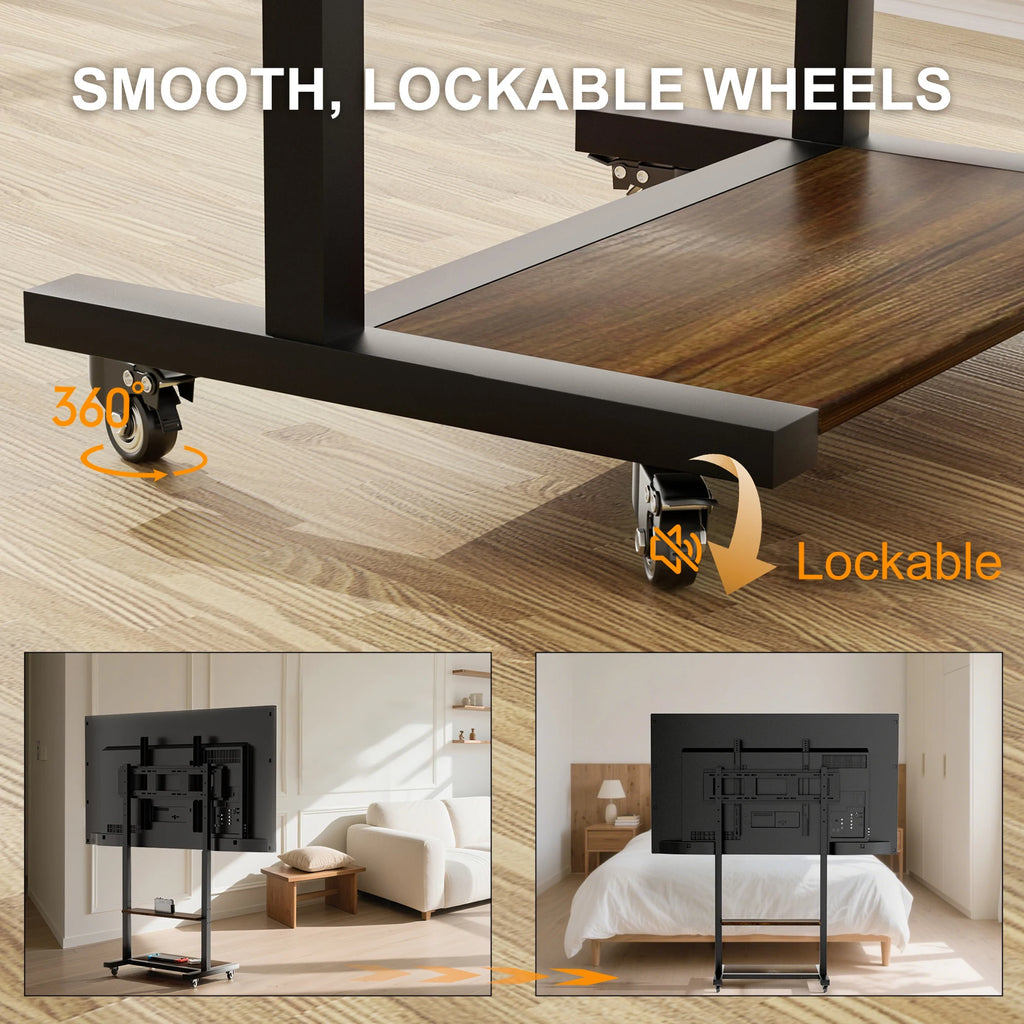 Mobile TV Stand with Shelves and Wheels Height Adjustable TV Cart for 40-100 Inch TVs Black and Wood 62x50x139cm