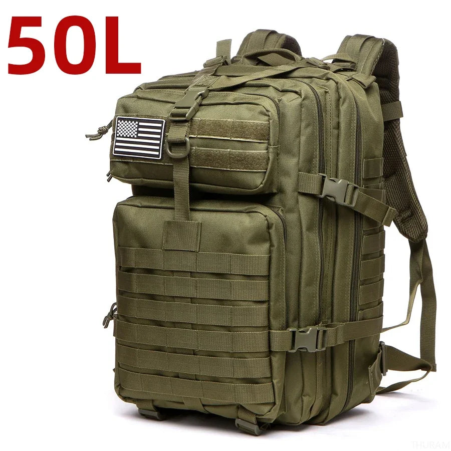 50L Waterproof Tactical Outdoor Backpack Nylon Hiking Camping Trekking Sports Fishing Hunting Rucksack Green 32 × 28 × 48cm