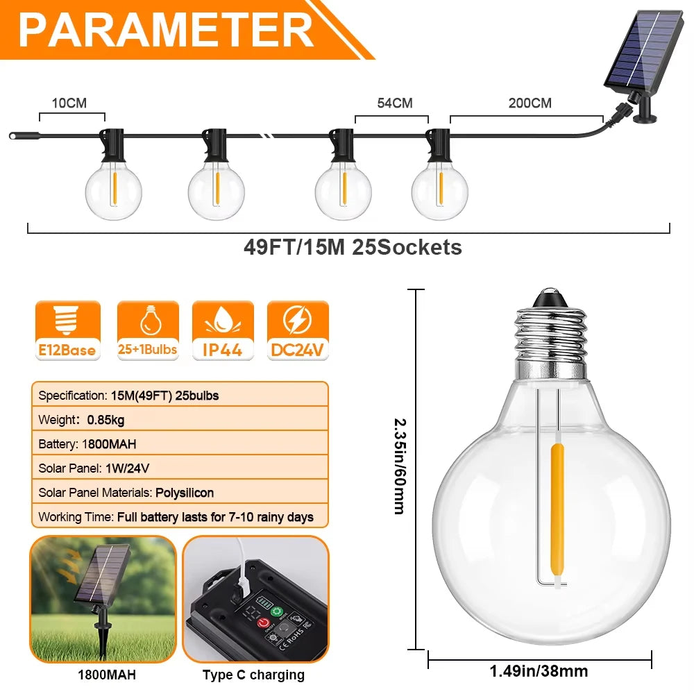 Outdoor Solar String Lights LED Globe Garland Waterproof Garden Hanging Lights for Patio Backyard Cafe 15m 25 Bulbs