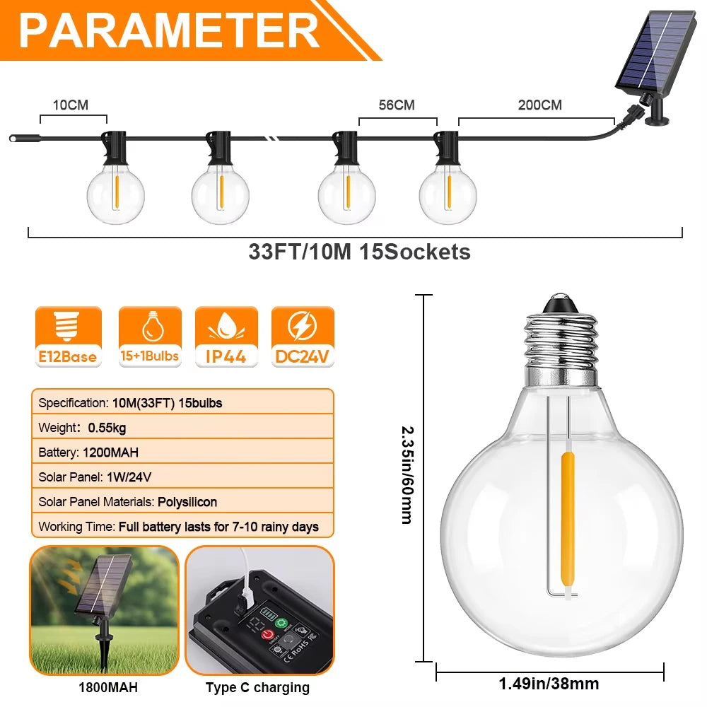 Outdoor Solar String Lights LED Globe Garland Waterproof Garden Hanging Lights for Patio Backyard Cafe 10m 15 Bulbs