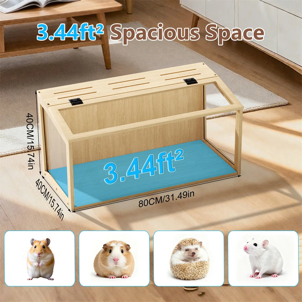 Wooden Hamster Cage Large Natural Habitat with Tempered Glass Panels Ventilation Holes and Built-in LED Light for Small Pets 80x40x40cm